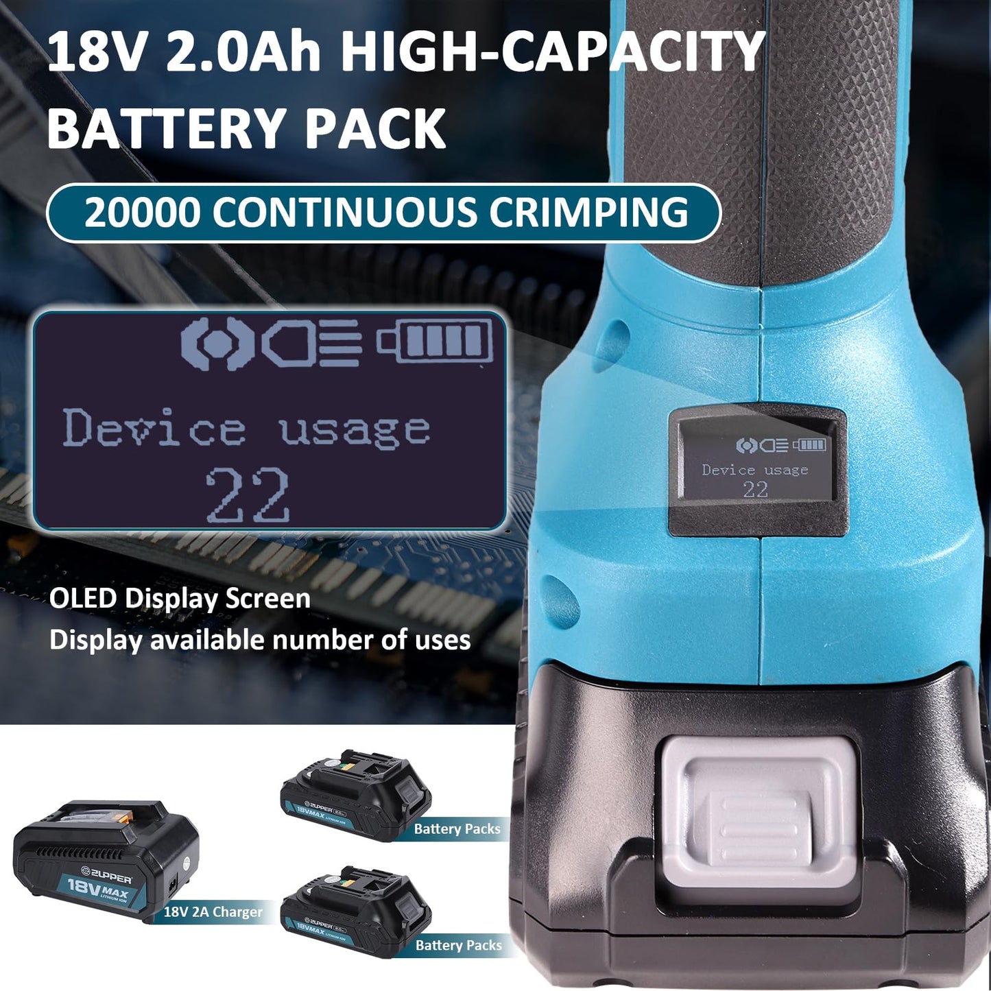 ZUPPER Compact Press Tool Kit,18V Electric Pipe Crimping Tool for 1/2", 3/4", 1" Copper Pipes Brushless Motor Compatible with Propress 2pcs 2Ah Battery
