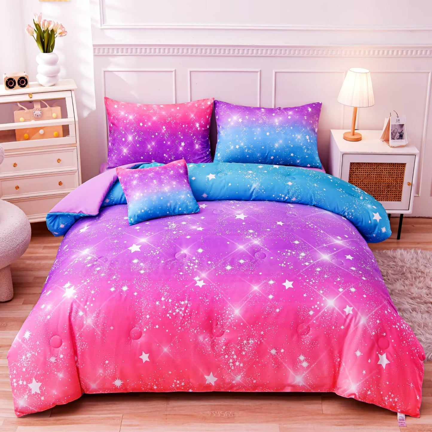 GRAT TIOC 6 Pieces Pink Purple Twin Comforter Set for Girls,Kids Glitter Galaxy Rainbow Bedding Sets Bed in A Bag (1 Comforter, 1 Flat Sheet,1 Fitted Sheet,2 Pillowcases and 1 Cushion Cover)