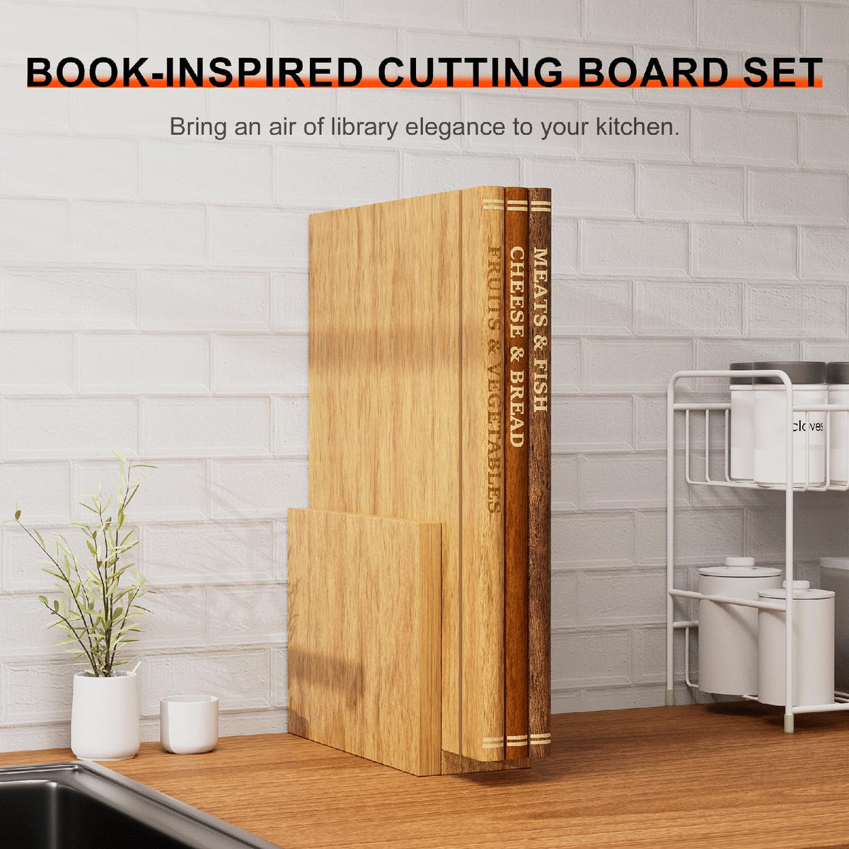 Book Cutting Board Set with Stand, 3-Piece Acacia Wood Boards That Look Like Books, Labeled Wooden Chopping Boards for Meat, Cheese, Bread & Vegetables, Kitchen Decor Gift