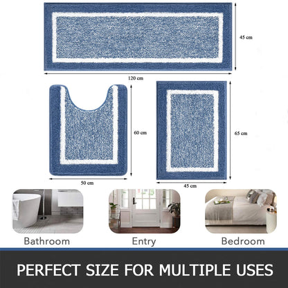 Pauwer Fluffy Bath Mat Sets 3 Piece Washable, Microfiber Non Slip Washable Bath and Pedestal Mat Sets Water Absorbent Bathroom Floor Carpet Rug Shower Rug, Blue