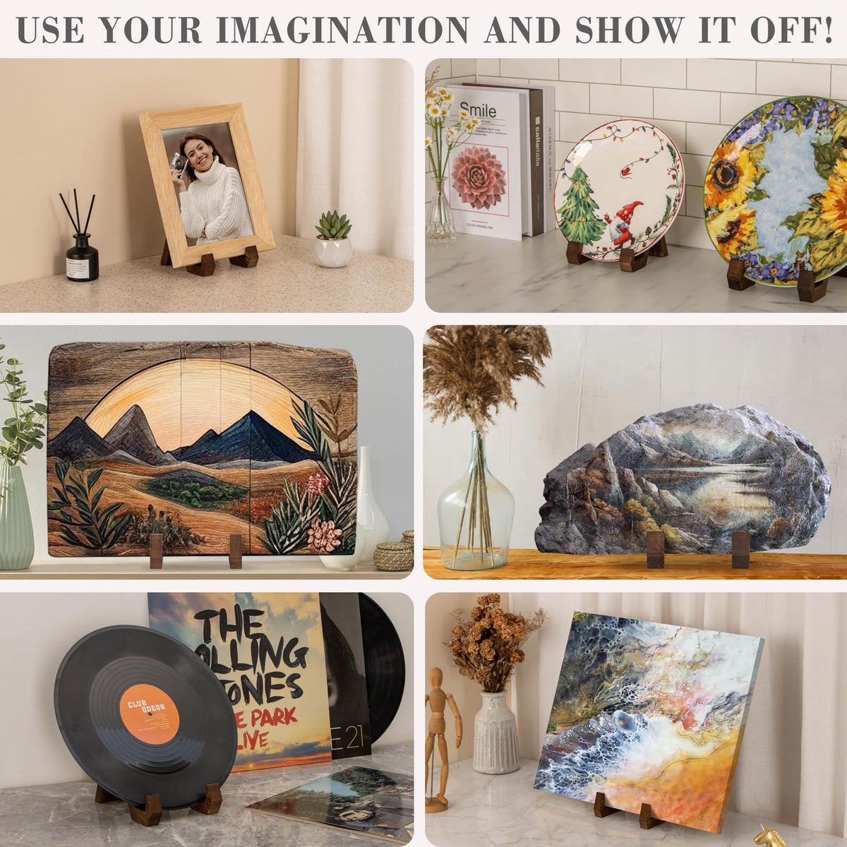 ANBOXIT Plate Display Stand, 3 Pack 6 Inch Plate Holder for Displaying, Decorative Picture Frame Dish Photo Plaque Platter Wood Stand