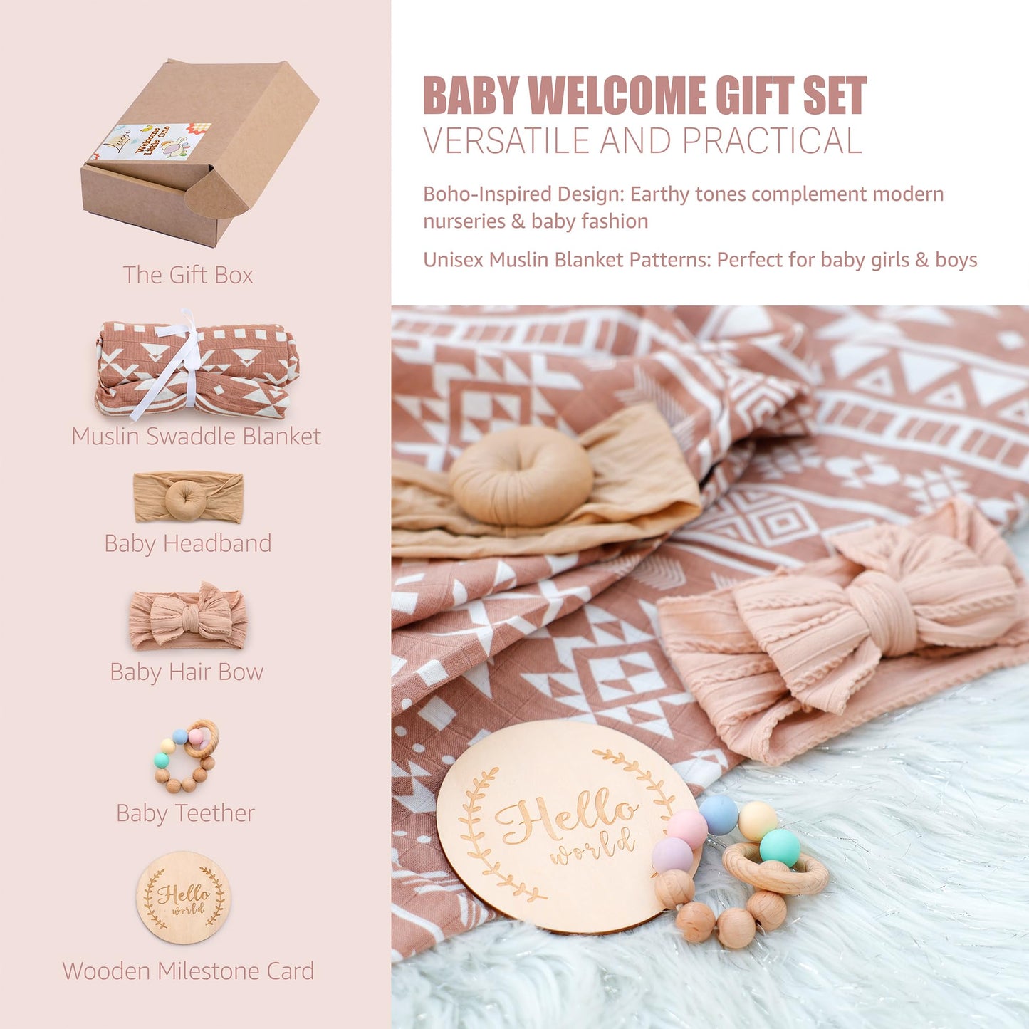 Baby Girl Gift Set - 5-Piece Baby Girl Shower Gifts with Muslin Swaddle Blanket, Wooden Teether, Headbands & Hello World Milestone Card - Newborn Welcome Box, Unique Present for Girls