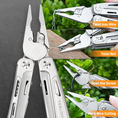 Teslong 18-in-1 EDC Multitool Pliers with Scissors, Pocket Knifes with Screwdrivers, Replaceable Wire Cutters and Saw with Self-locking, Outdoor, Survival, Camping, Stainless Steel, Gift for Men Dad