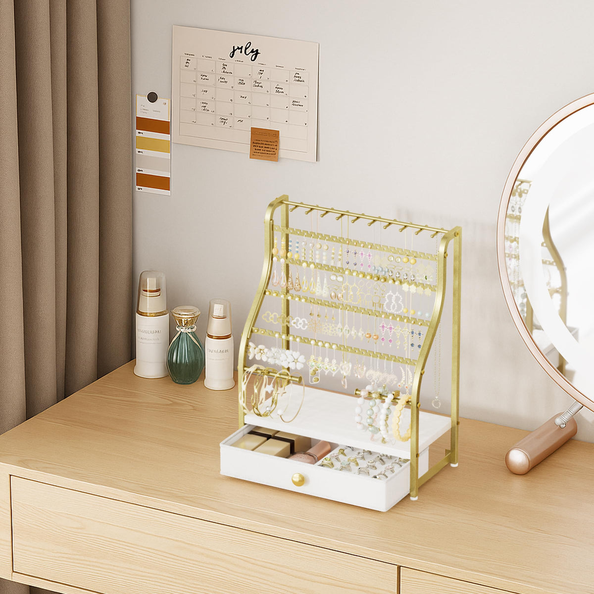 SWTYMIKI Earring Holder Organizer - Jewelry Organizer Stand with Necklace Hooks, Watch Rods, Nonwoven Drawer, Large Capacity Jewelry Display for Stud Earring Bracelet Necklace Ring, Gold