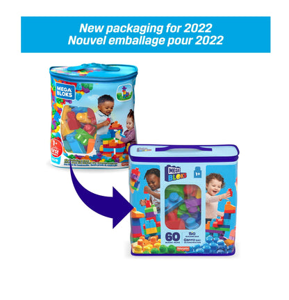 MEGA BLOKS Big Building Bag building set with 60 big and colorful building blocks, and 1 storage bag, toy gift set for ages 1 and up, DCH55