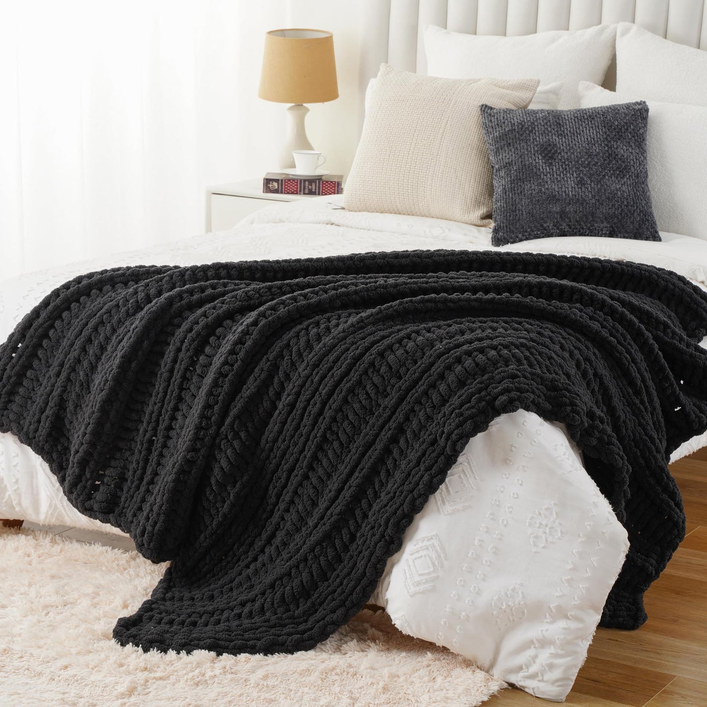 Battilo Chunky Knit Throw Blanket for Couch, Hand Made Chenille Throw Blanket, Super Soft Warm Cozy Charcoal Blanket for Bed, Sofa, Living Room, 50"x60"
