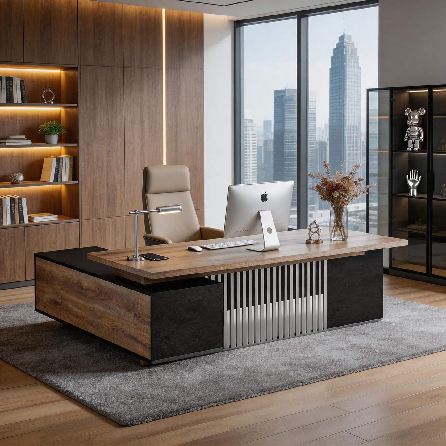 78.7 Inch Large Executive Desk with Drawers Cabinet, L Shaped Office Desk, Computer Desk with Universal Charging Ports and Cable Management for Business Furniture Set Workstation for Home Office