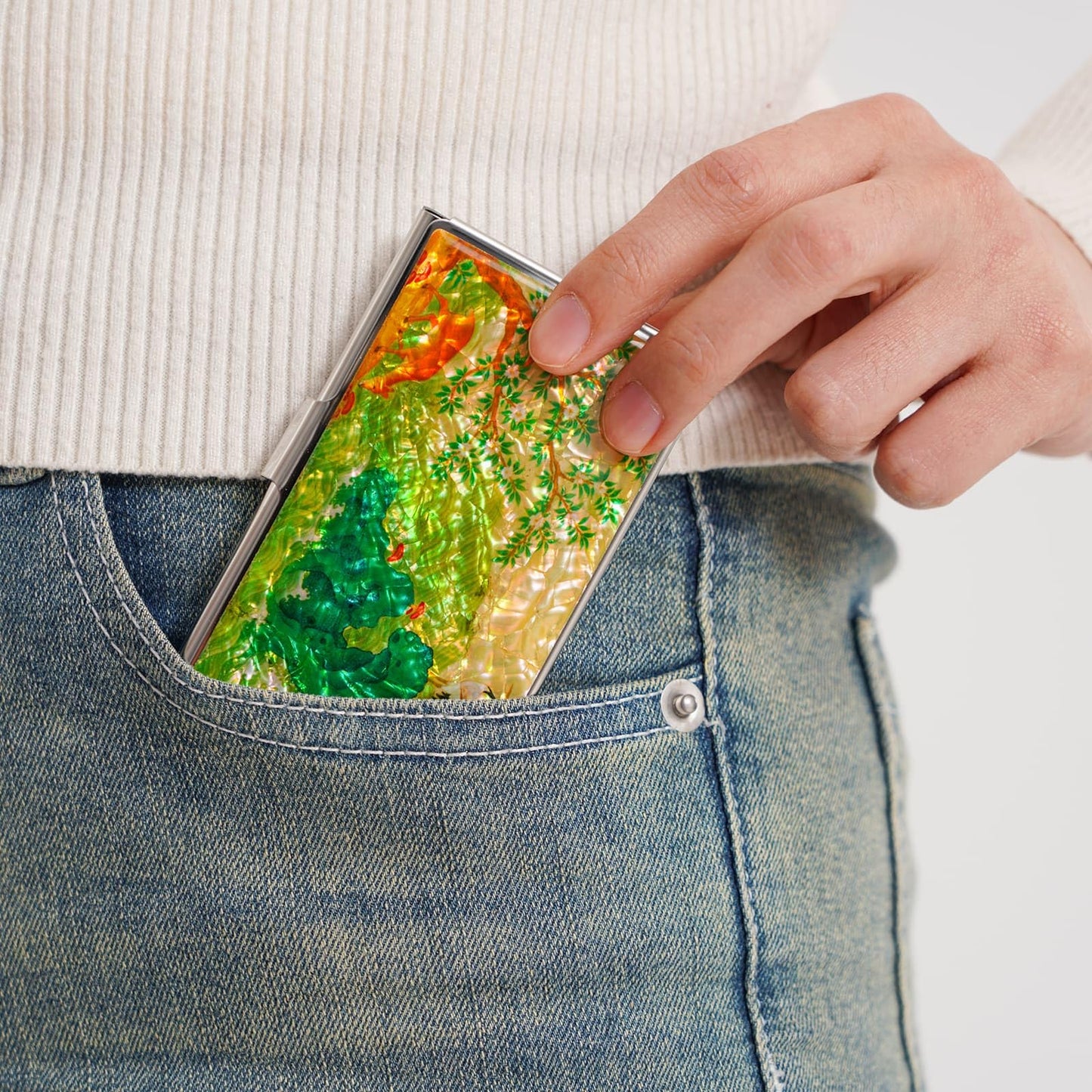 February Mountain Korean Mother-of-Pearl Business Card Holder – Crane & Deer Nature Design | Unique Asian Art Office Gift for Men & Women | Elegant Card Case for Professionals