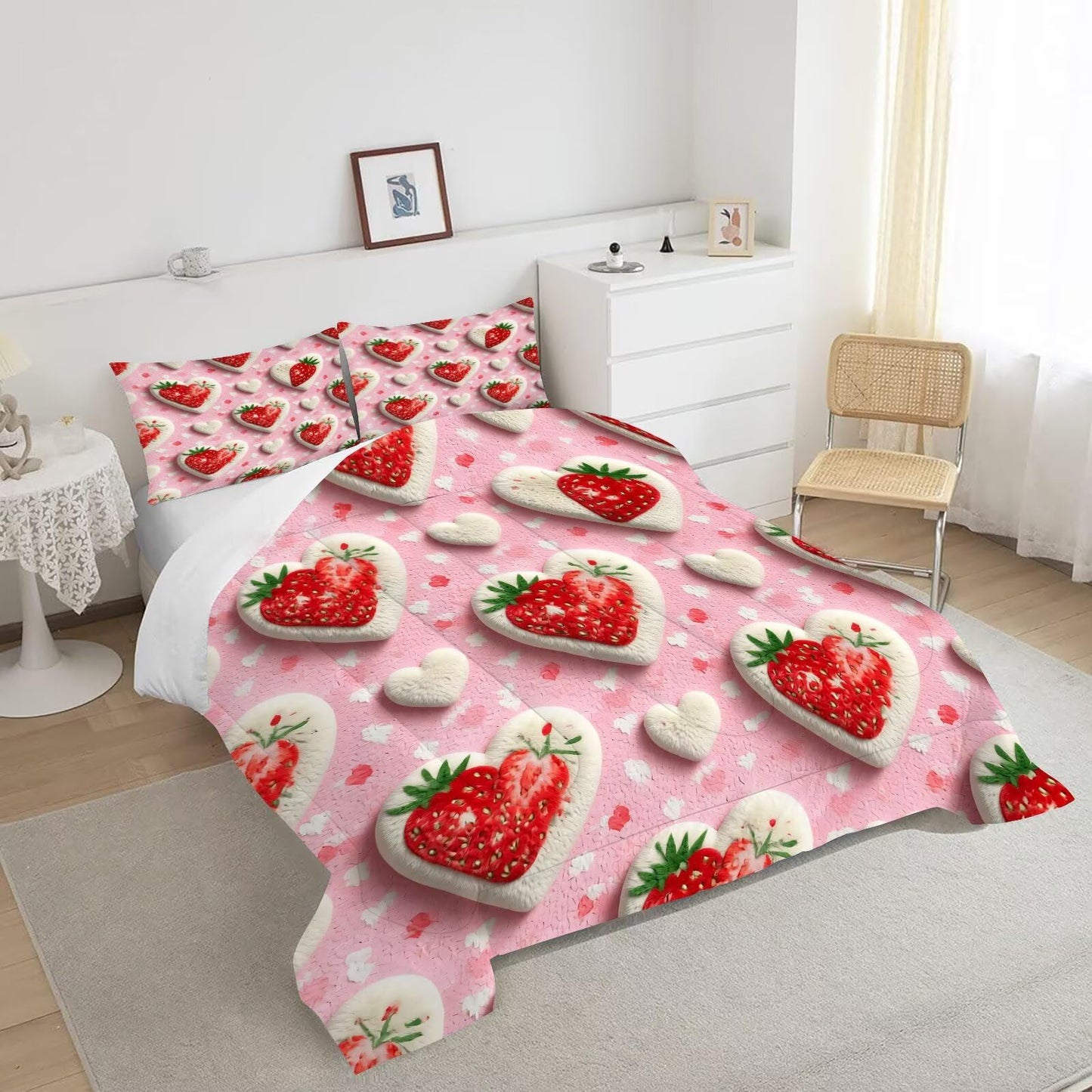 DJNEAR Strawberry Heart Comforter Set Twin Size Pink Heart Bedding Sets for Girls Kids Teens Adults Women Bedroom 3D Plush Cute Quilt Room Decor 1 Comforter 1 Pillowcase