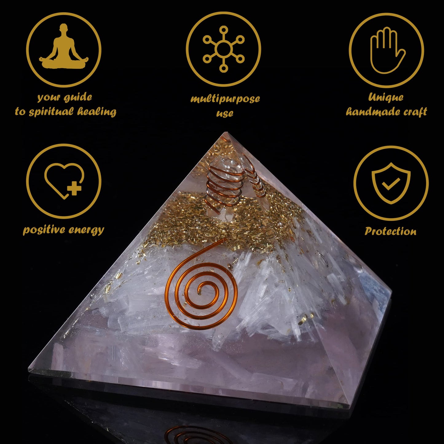 Crocon Selenite Orgone Pyramid Healing Crystals Stone Orgonite Gemstone Pyramid Stones Reiki Crystal Good Luck Charms Meditation Chakra Organite Home Decor Spiritual Gifts Size 2.5 Inch App.