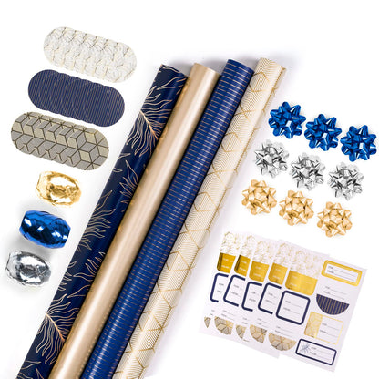 WRAPAHOLIC Navy Wrapping Paper Set - Gold and Navy Wrapping Paper Bundle with Gift Bow & Ribbon & Tag & Sticker, Perfect for Christmas, Birthday, Holiday, Father's Day, Baby Shower