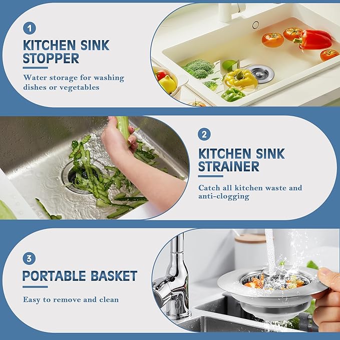 Kitchen Sink Drain Strainer 3 in 1, 304 Stainless Steel Pop Up Sink Stopper