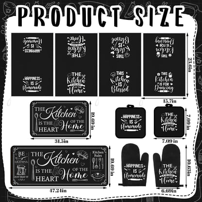 Fourluoo 10 Pcs Farmhouse Kitchen Decor and Accessories Set 4 Kitchen Towels 2 Pot Holders 2 Oven Mitts 2 Rugs for Cooking Baking Mom Housewarming Gifts(Black,Classic Style)