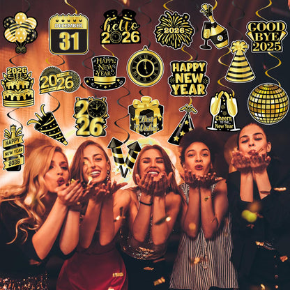 40Pcs Happy New Year Decorations Hanging Swirls, Black and Gold Happy New Year Hanging Swirls Ceiling Decor for New Year's Eve Party Decorations Supplies 2026