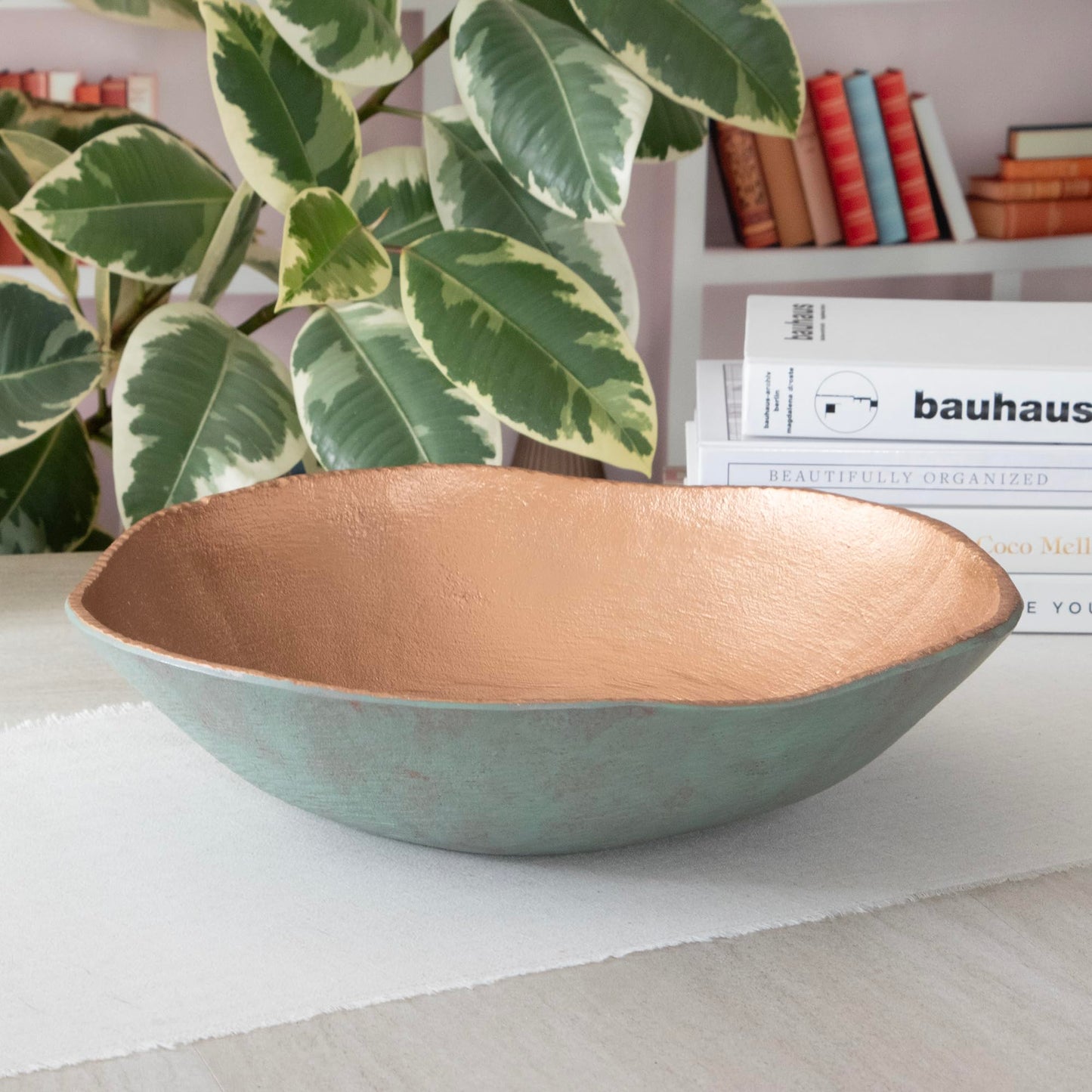 ANDALUCA Cast Metal Extra Large Turquoise Copper Finish Round Decorative Bowl 14 inch