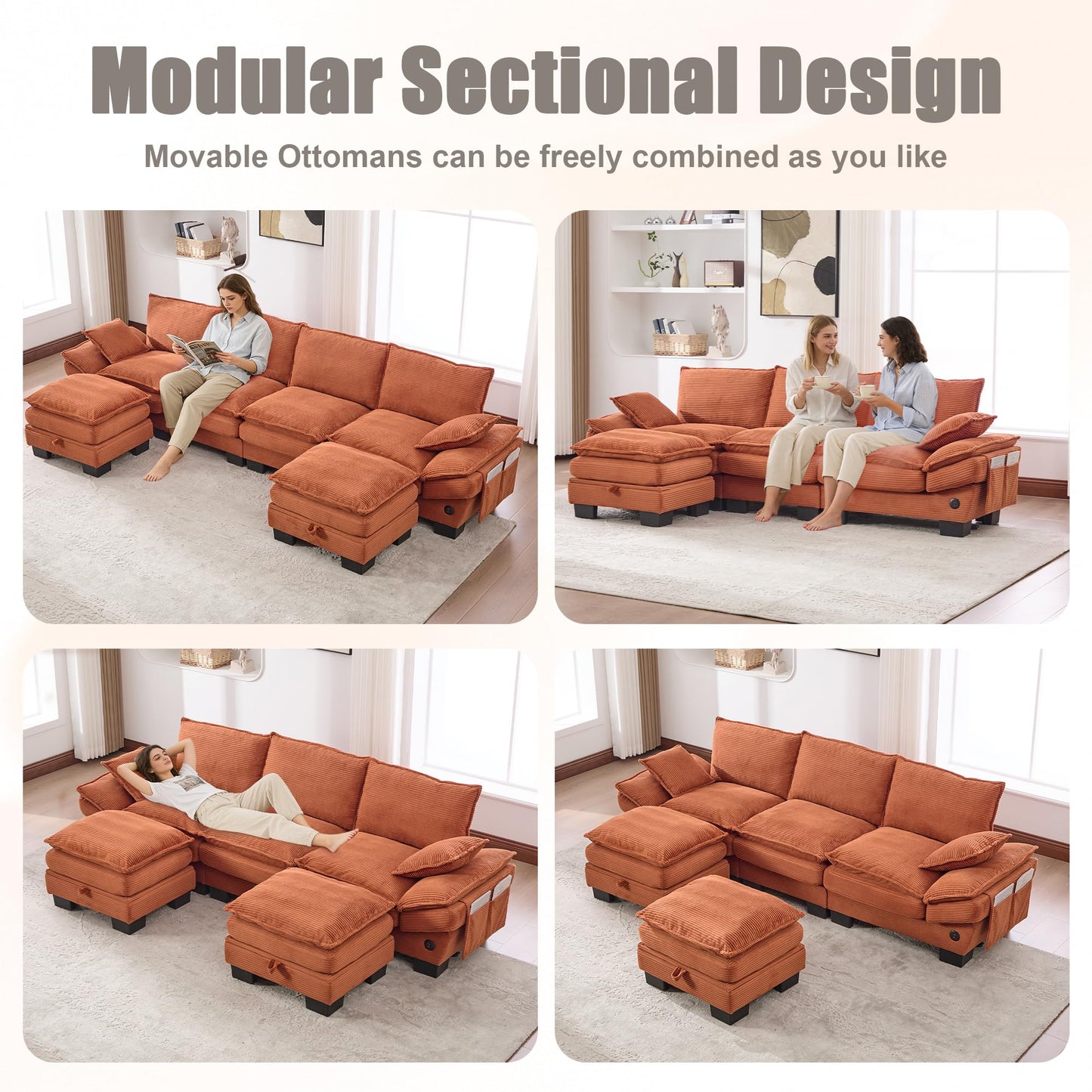 102" Oversized Cloud Modular Sectional Sofa with Movable Ottoman, Free Combination Convertible L Shaped Corner Couch Sets,Comfy Corduroy Upholstered Orange Sofa & Couch for Living Room