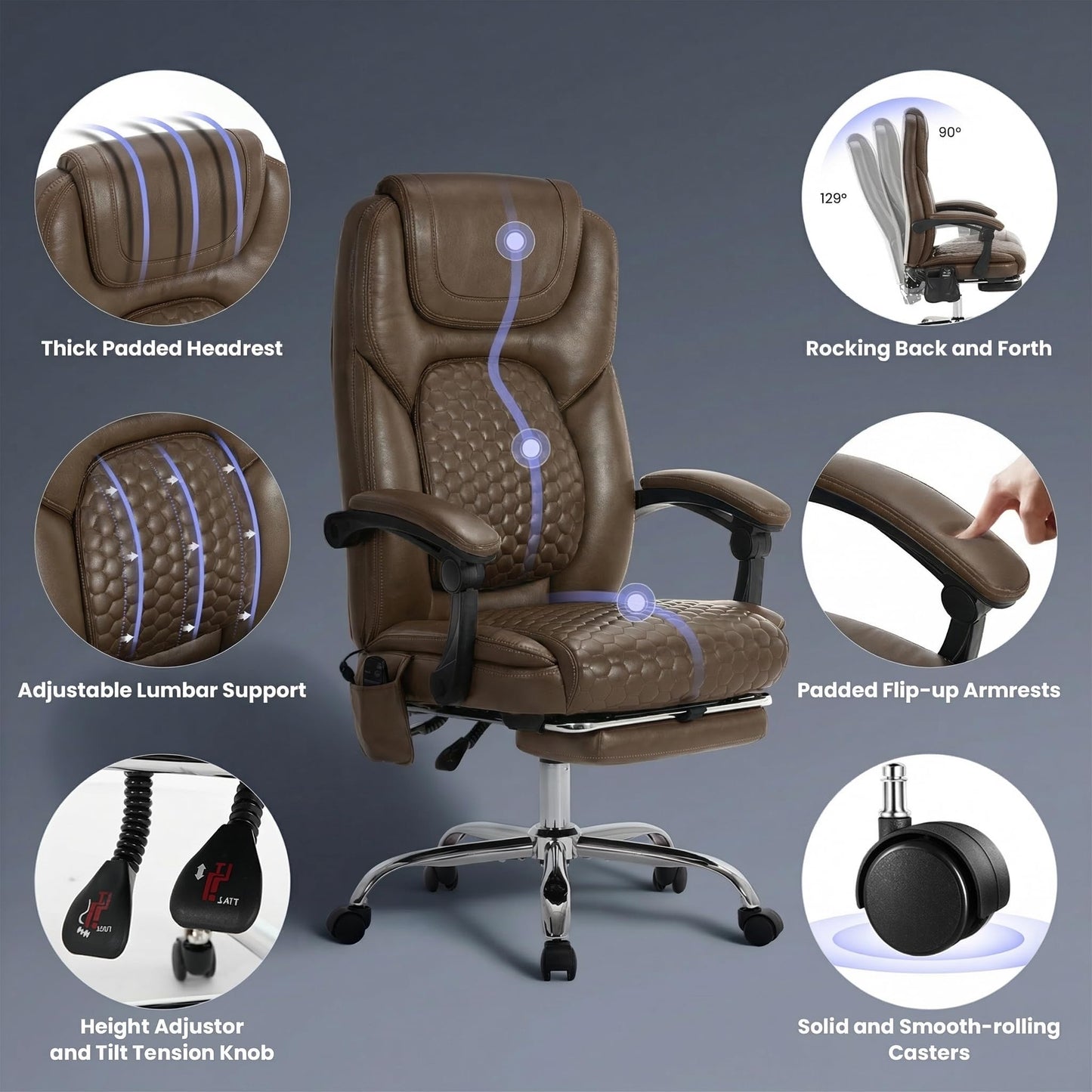 MALOL Massage Office Chair with Heat and Footrest - 3-Level 65°C Targeted Heating, 20-Min Easy Assembly Leather Desk Chair, Big and Tall Executive Computer Chair with Side Pocket, 300 lbs, Brown