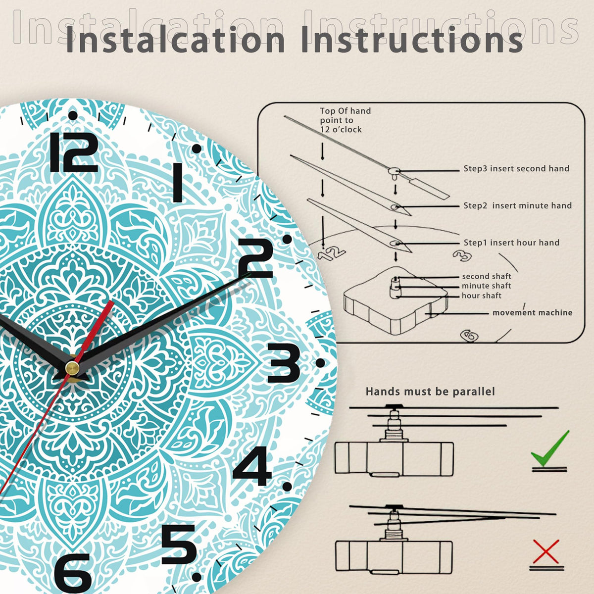 Teal Mandala Flower Wall Clock, Silent Non-Ticking, Battery Operated, Wooden Decorative Round Clock with Arabic Numerals, 10 Inch
