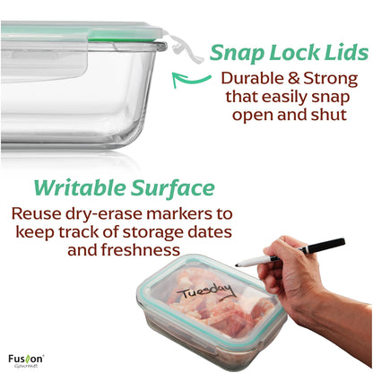 Fusion Gourmet Glass Meal Prep Containers with Lids [8 Pack, 33 oz & 4.5 oz] - 2 Compartment Divided Glass Bento Boxes for Adults, Oven Safe & Airtight