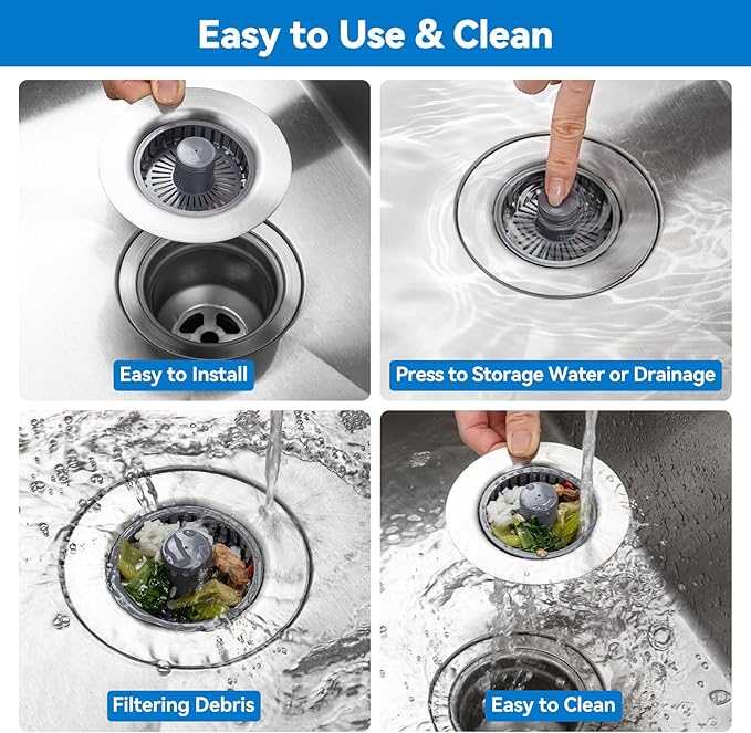 Upgraded 3-in-1 Kitchen Sink Drain Strainer, Stainless Steel Pop Up Kitchen