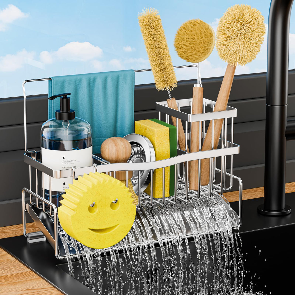 Adurei Sponge Holder for Kitchen Sink 304 Stainless Steel Self-Draining Sink Caddy with Smiley Face Sponge and Brush Holder Towel Bar and Divider Kitchen Gadgets Organizer for Countertop, Silver