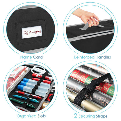 Hearth & Harbor Wrapping Paper Storage Container with Ribbon Storage Organizer - Christmas Storage Bag with Extra Interior Pockets - Gift Wrapping Organizer Storage Fits Up to 26 Rolls of 40" Length