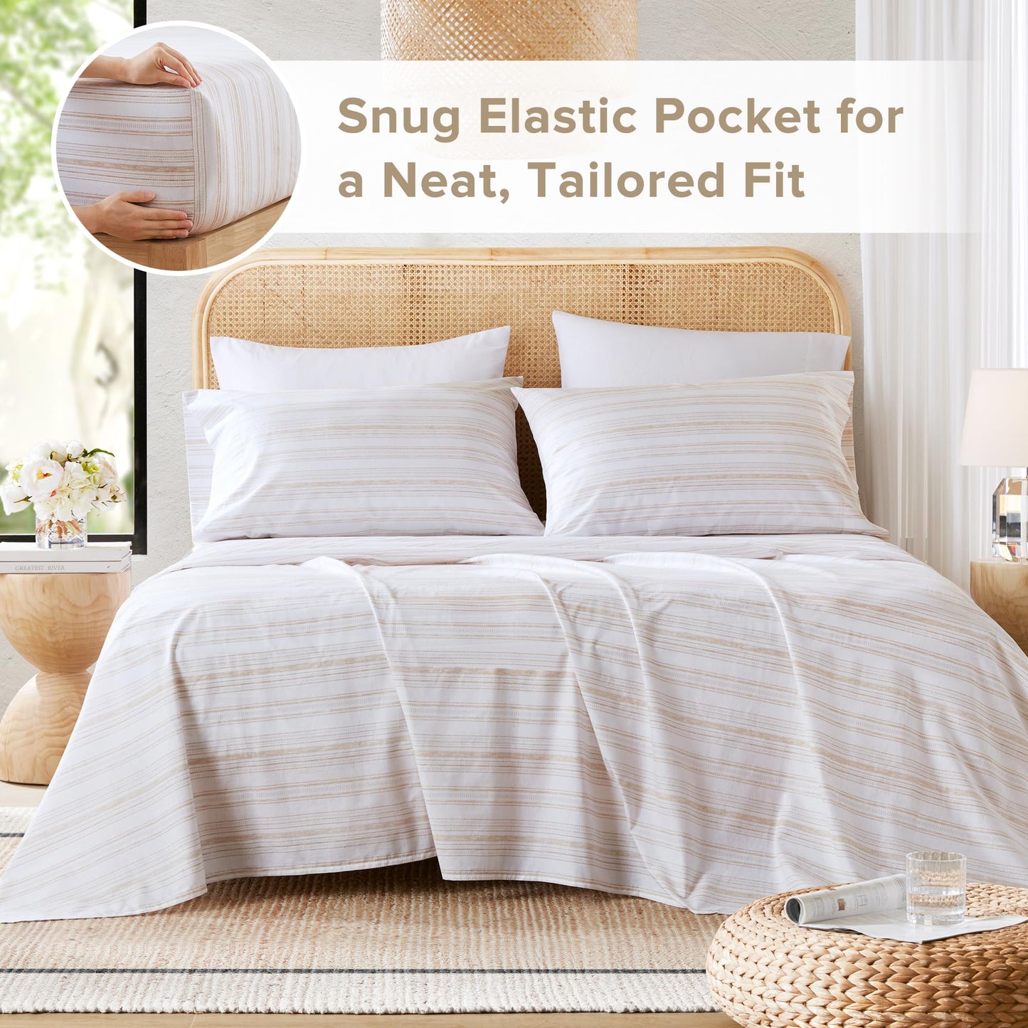 Comfort Spaces 100% Cotton Sheets Full, Breathable, Naturally Cool Cotton Sheets, Cotton Bed Sheets with 14" Elastic Pocket Fits up to 16" Mattress, All Seasons Sheet Set, Good Vibes Taupe 4 Piece
