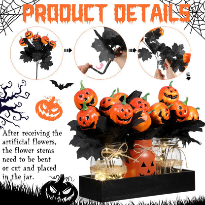 Honeydak 9 Pcs Halloween Table Centerpieces Pumpkin Mason Jar for Halloween Table Dining Room with Farmhouse Wood Tray 3 Mason Jars with Artificial Flowers and 2 LED Light for Dining Room