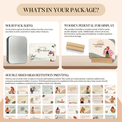 45 PCS New Mom Affirmation Cards for Postpartum - Mothers Day Gifts - New Mom Essentials Gifts with Empowering Messages - Postpartum Affirmation Cards with Wooden Stand & Metal Box for Mothers Day