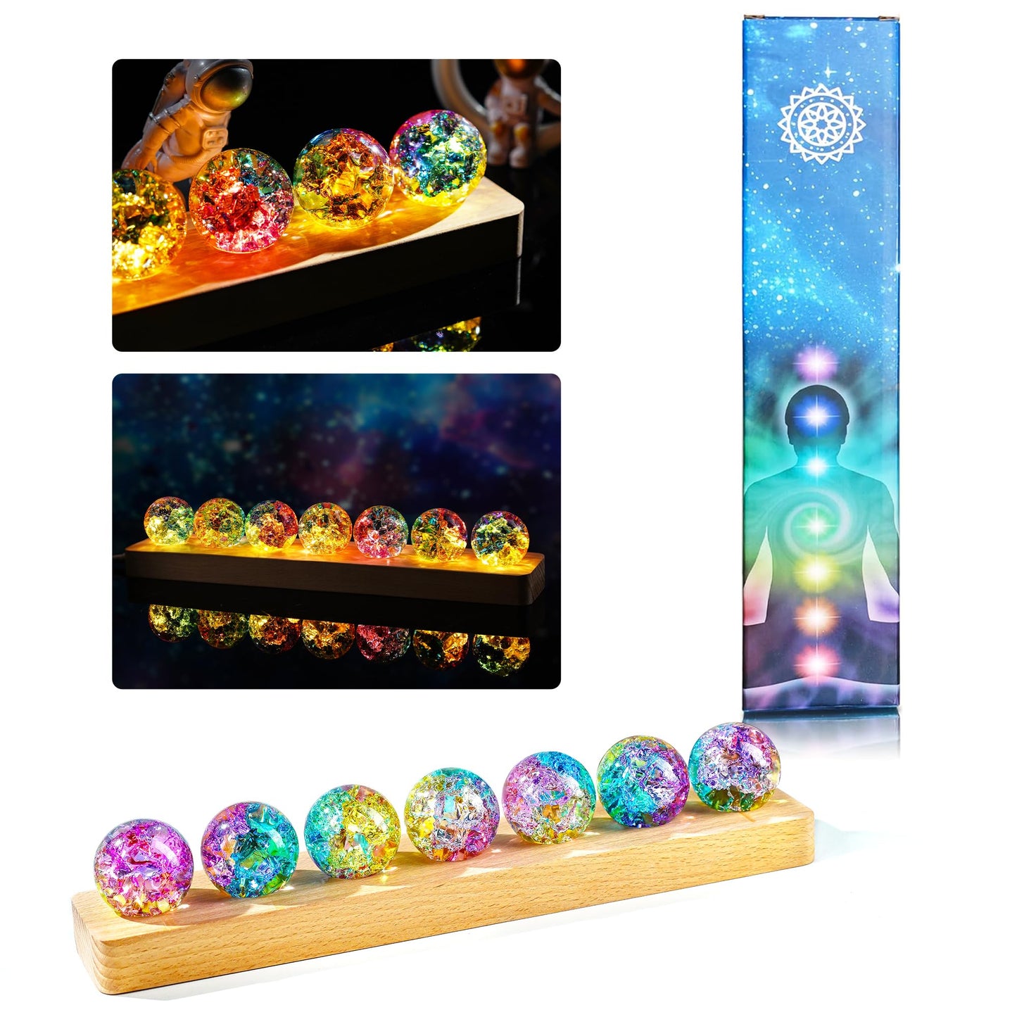 LOULIQIGIFT Set of 7 Crystal Balls Night Light Decor Healing Spheres with LED Wooden Stand for Meditation Energy Balancing Home Office Mother's Day Decoration Gifts for Women