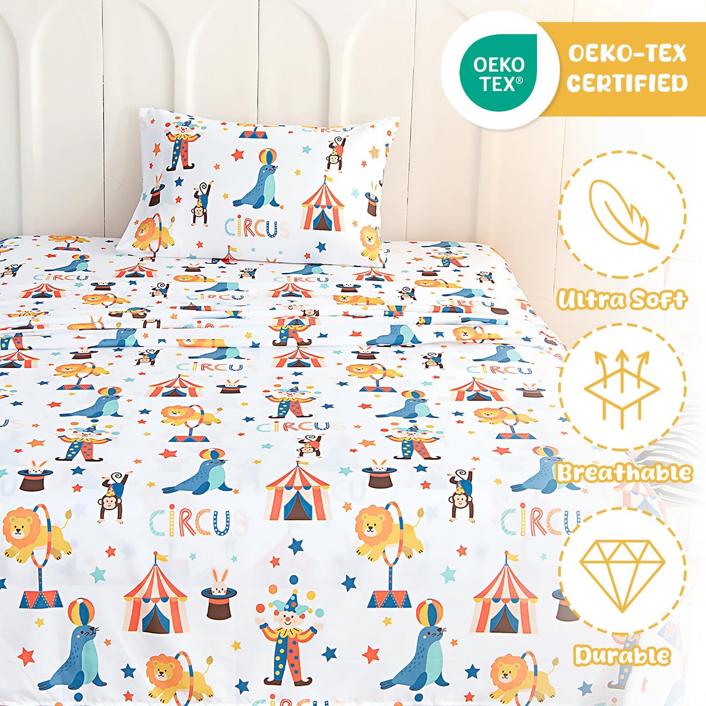 Swiftify Twin Sheets Set Kids for Boys & Girls Circus Clown, 3-Piece Bed Sheet Set for Toddler, Soft Brushed Microfiber Bedding, Deep Pocket, Wrinkle & Fade Resistant, Carnival Circus Clown