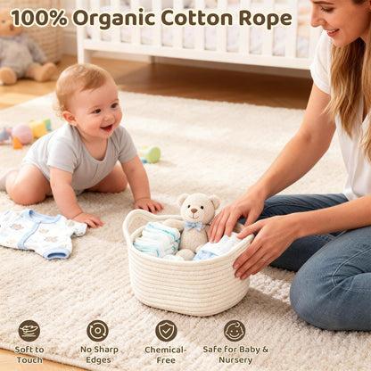 8 Pack Small Woven Baskets for Gifts Empty, 12"x8"x5" Cotton Rope Storage Baskets with Handles, Gift Basket Kit with Bags & Ribbons for Baby Shower, Nursery, Christmas, Easter, Bulk White