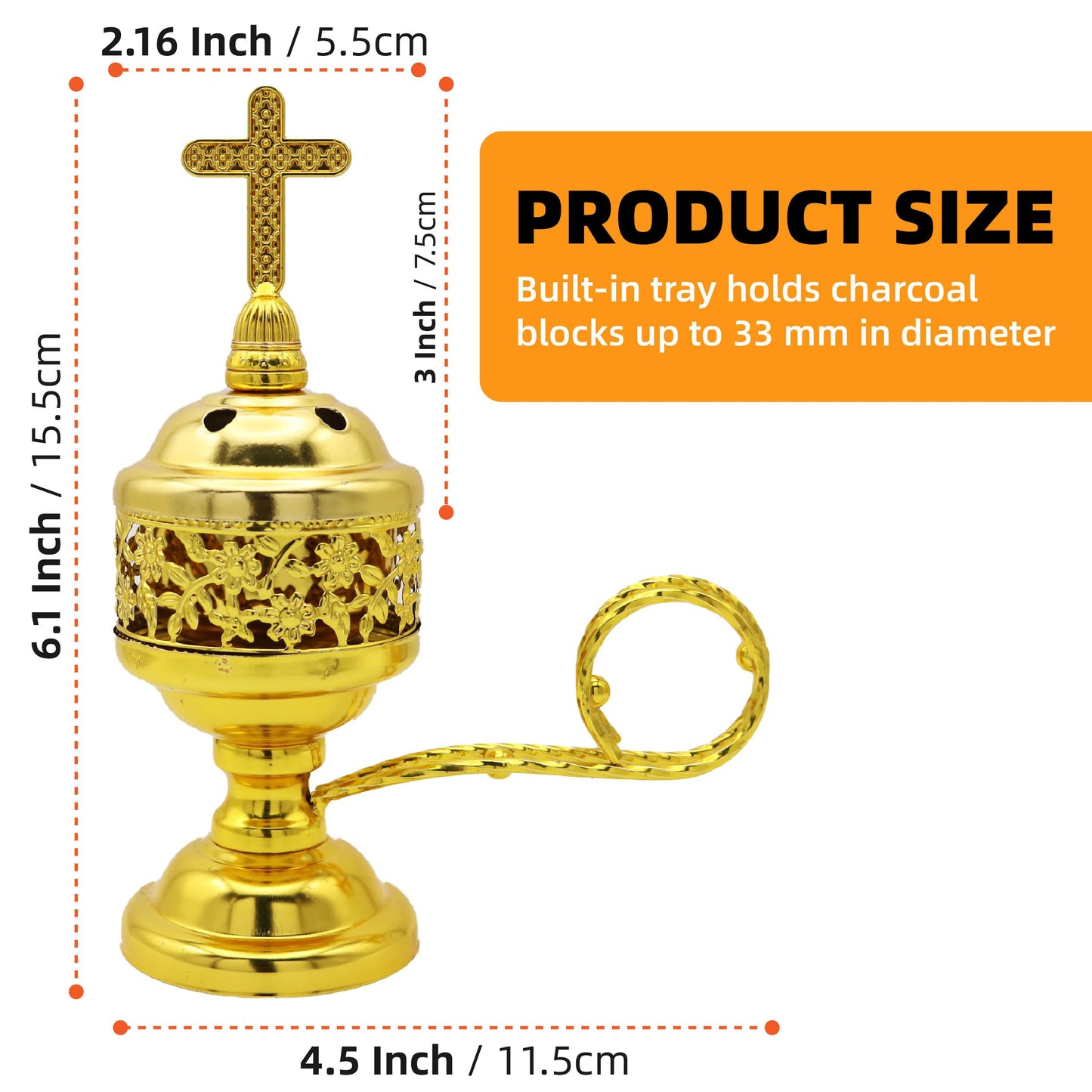 JREEPEE Solid Brass Color Incense Burner with Cross Lid - 6 Inch Charcoal Censer for Catholic Church, Home Altar - Thurible for Frankincense, Resin, Bakhoor
