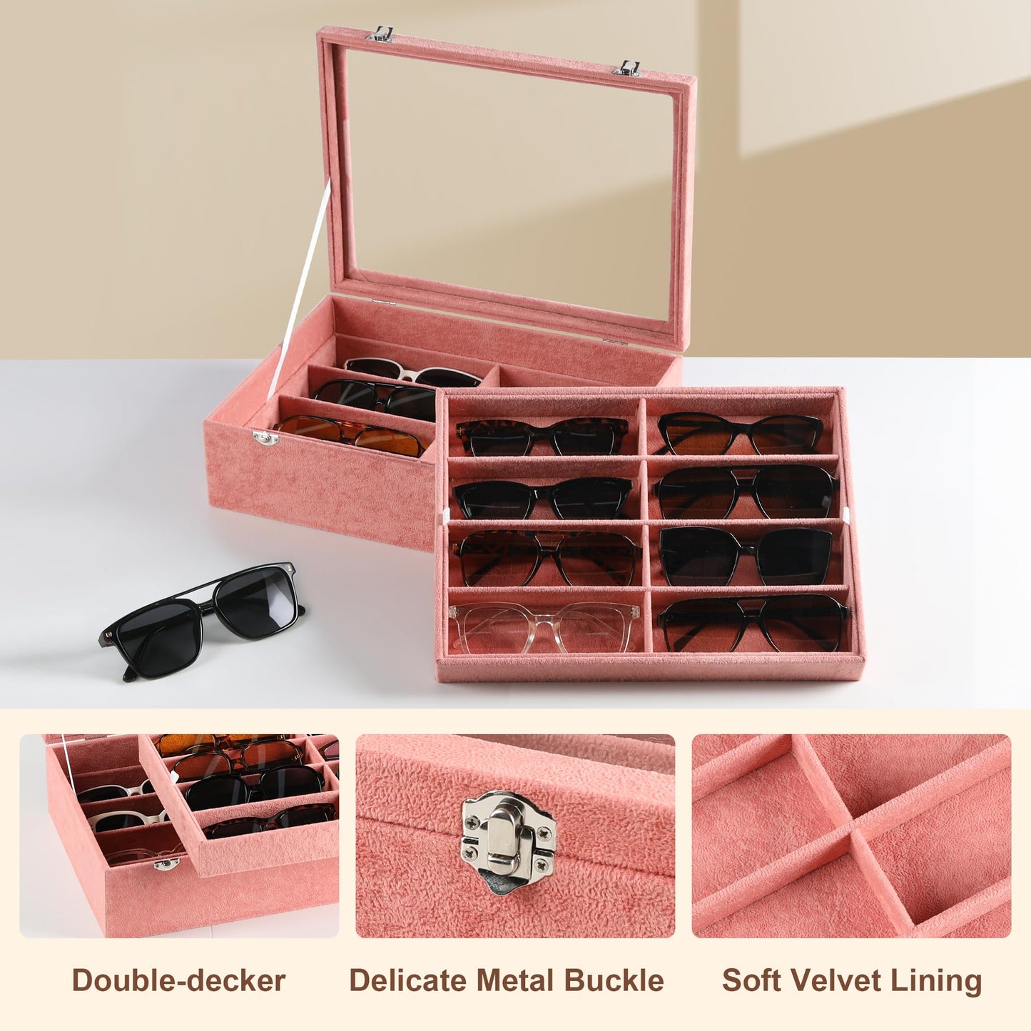 Frebeauty 16 Slots Sunglasses Organizer,2 Layer Velvet Sunglasses Tray with Glass Lid,Multiple Pairs Sunglass Display Case for Man or Woman,137 * 10.25 * 4.1 Inches Eyeglass/Eyewear Box (Pink)