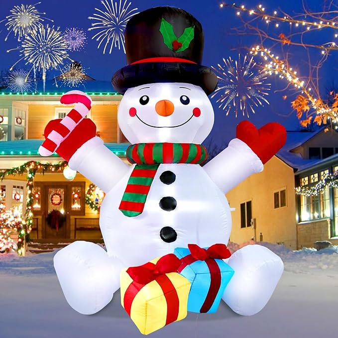 6FT Snowman Inflatable Present & Snowman Christmas Decorations with LED Lights Christmas Blow Up for Indoor Outdoor Yard Decoration