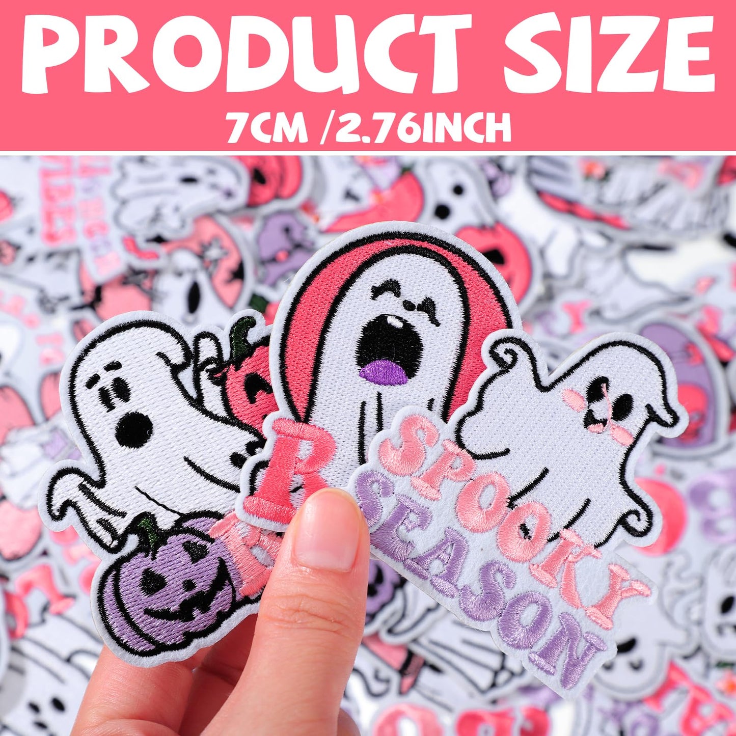 Wavwavw 50 Pcs Ghost Patches Iron on Halloween Patches Embroidered Applique Cute Pumpkin Boo Ghost Iron on for Clothes Hats Backpacks Jackets Accessories