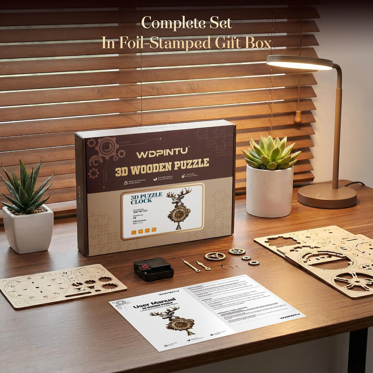 WDPINTU 3D Wooden Clock Puzzle – Steampunk Deer Head Design – DIY Model Kit for Adults & Teens (15+) – Unique Wall Decor with Roman Numerals – Gift-Ready Packaging