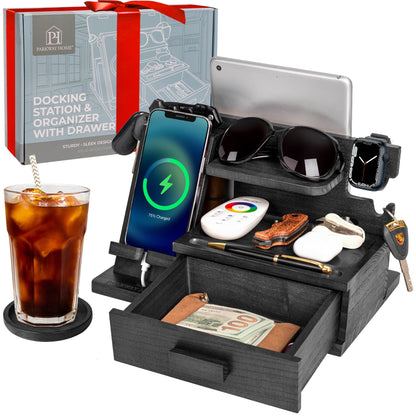 Parkway Home Black Wood Phone Docking Station with Drawer, Compatible with Apple Watch - Wood Charging Station Organizer Stand, Bedside Nightstand Organizer for Men, Holds, Tablet, Glasses, Keys, EDC
