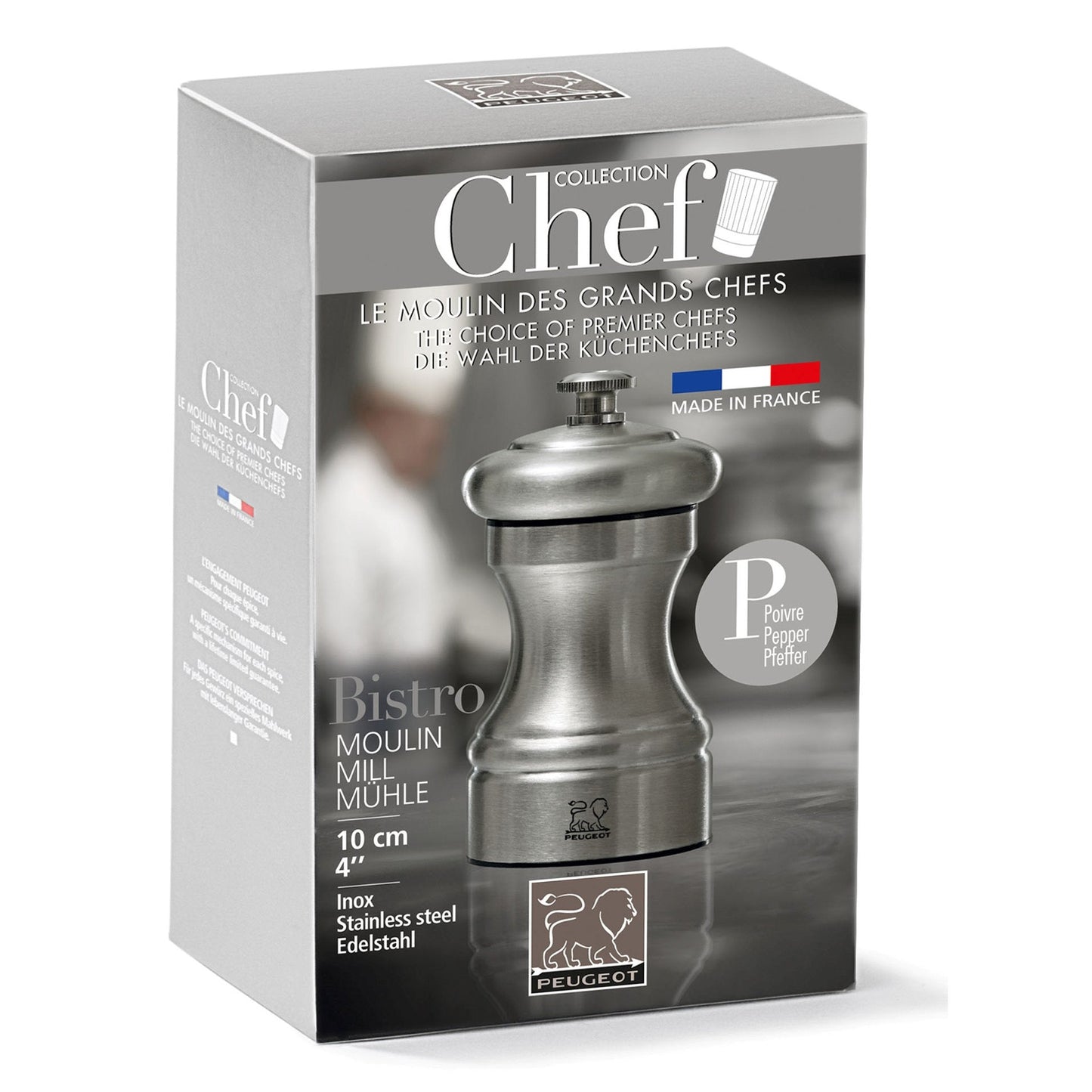 Peugeot Bistro Chef Salt Mill, 10cm/4", Stainless Steel