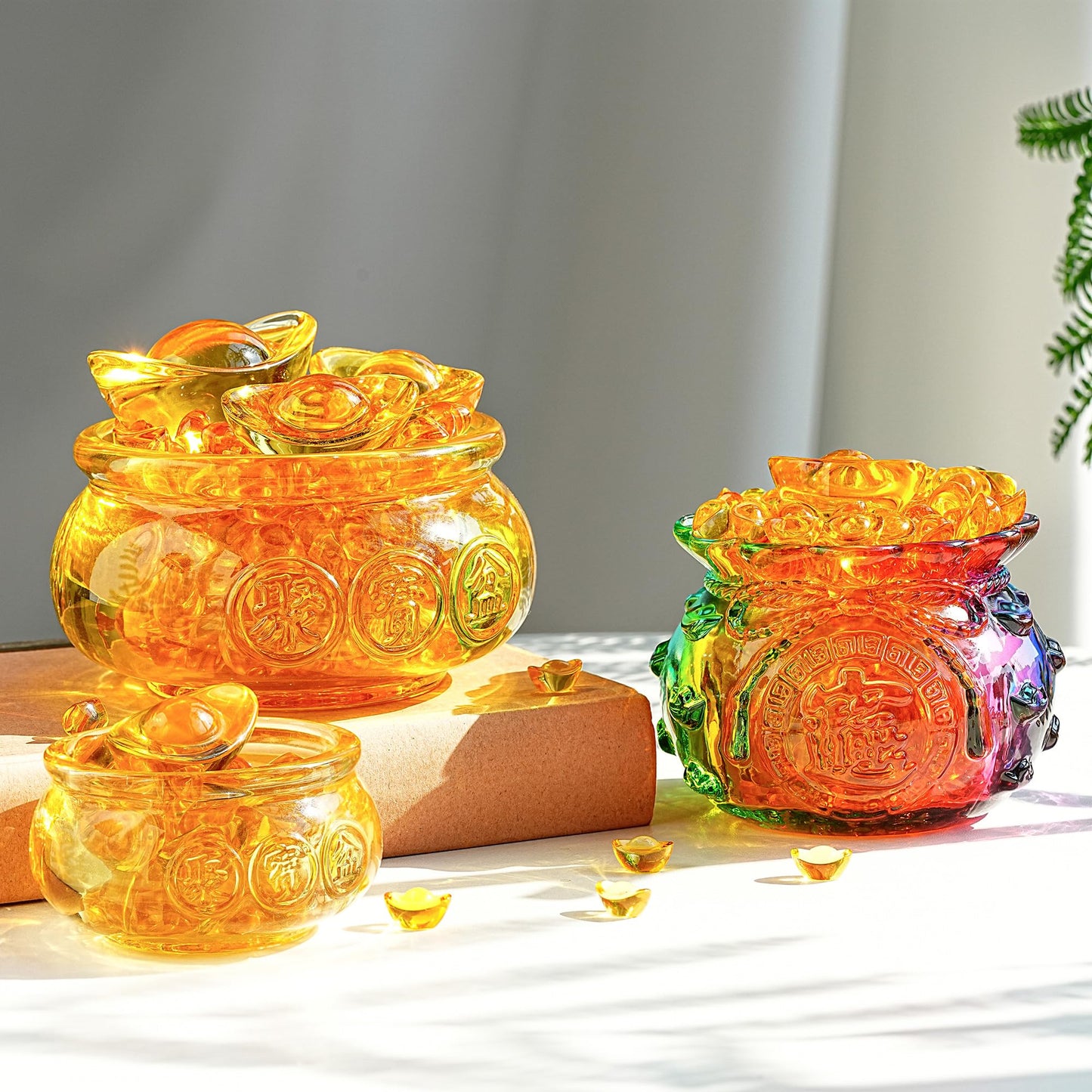 YU FENG 4.7'' Crystal Glass Wealth Bowl with Gold Ingots, Large Wealth Symbol Decor, Prosperity Ornament, Lucky Gift for Home Office Desk Decoration