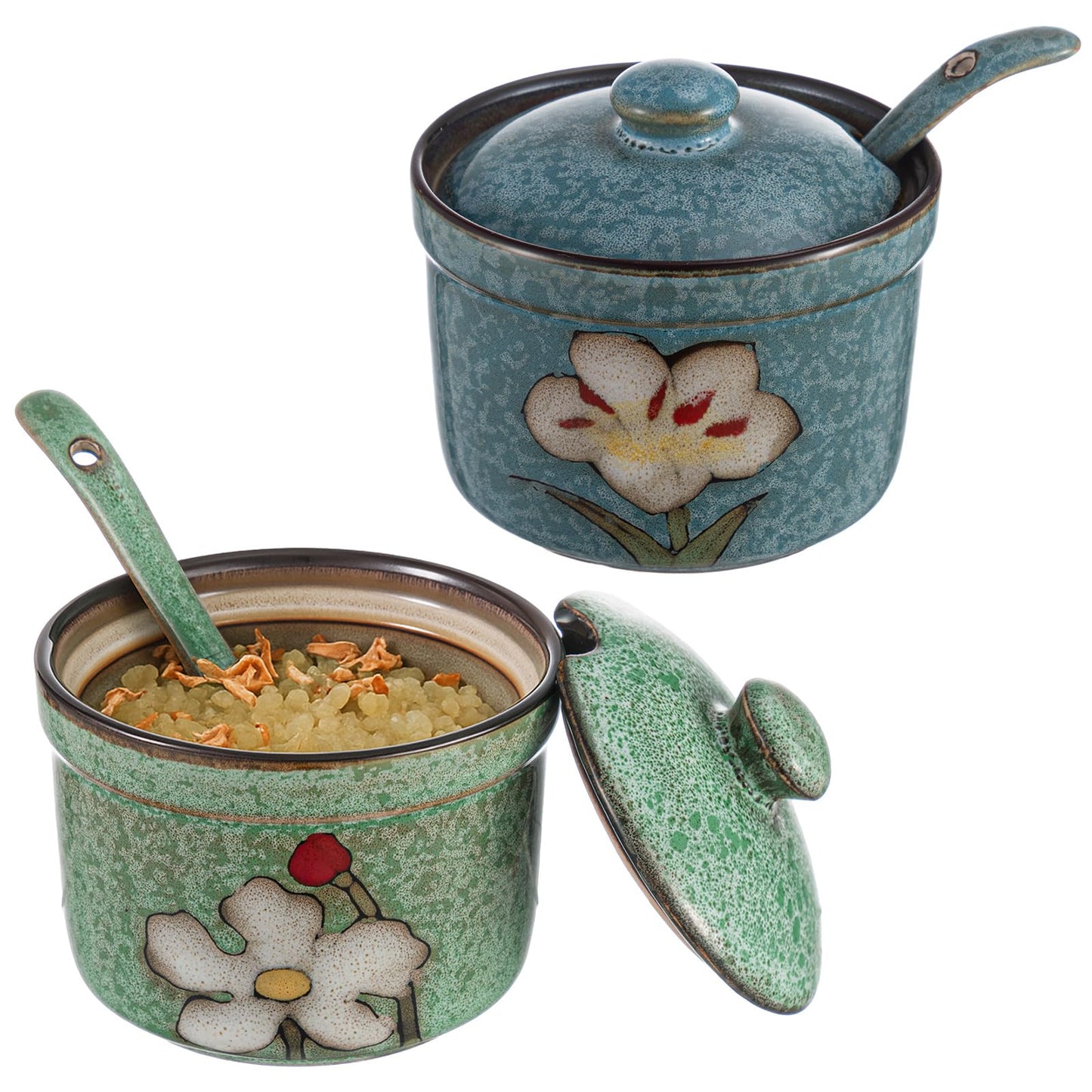 Acellegic 2 Pack Retro Hand Painted Flower Ceramic Salt Pepper Cellar with Lid and Spoon, Heavyweight Round Sugar Spice Containers Porcelain Jar for Housewarming Gift, Artisan Kitchen Decoration
