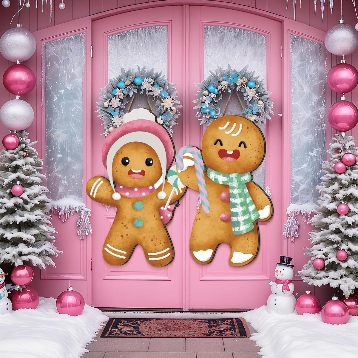 2 Pcs Pastel Gingerbread Christmas Decorations Christmas Wreath Hanging Sign for Front Door Candyland Wooden Welcome Signs Gingerbread Man Hanging Signs Ginger Bread Decor for Holiday