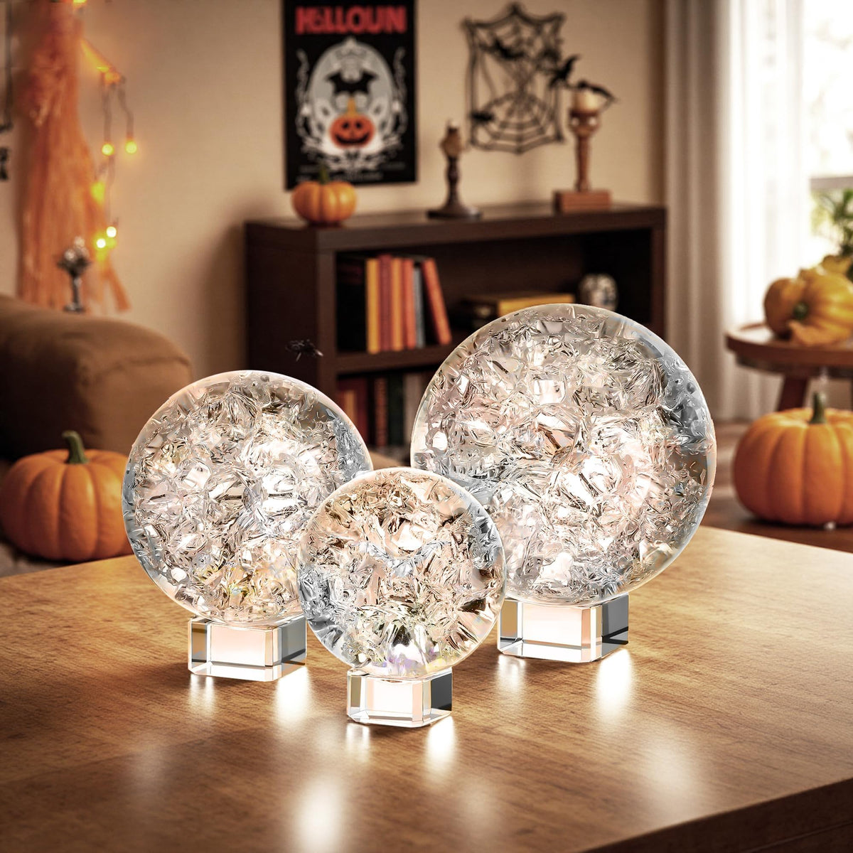 ZEERSHEE 3pcs Clear Ice Crack Glass Orb Set with Display Stands, 2.4"/3.1"/3.9" Decorative Art Spheres for Home Decor, Office Desk Accent, Bookshelf Styling and Gift Giving