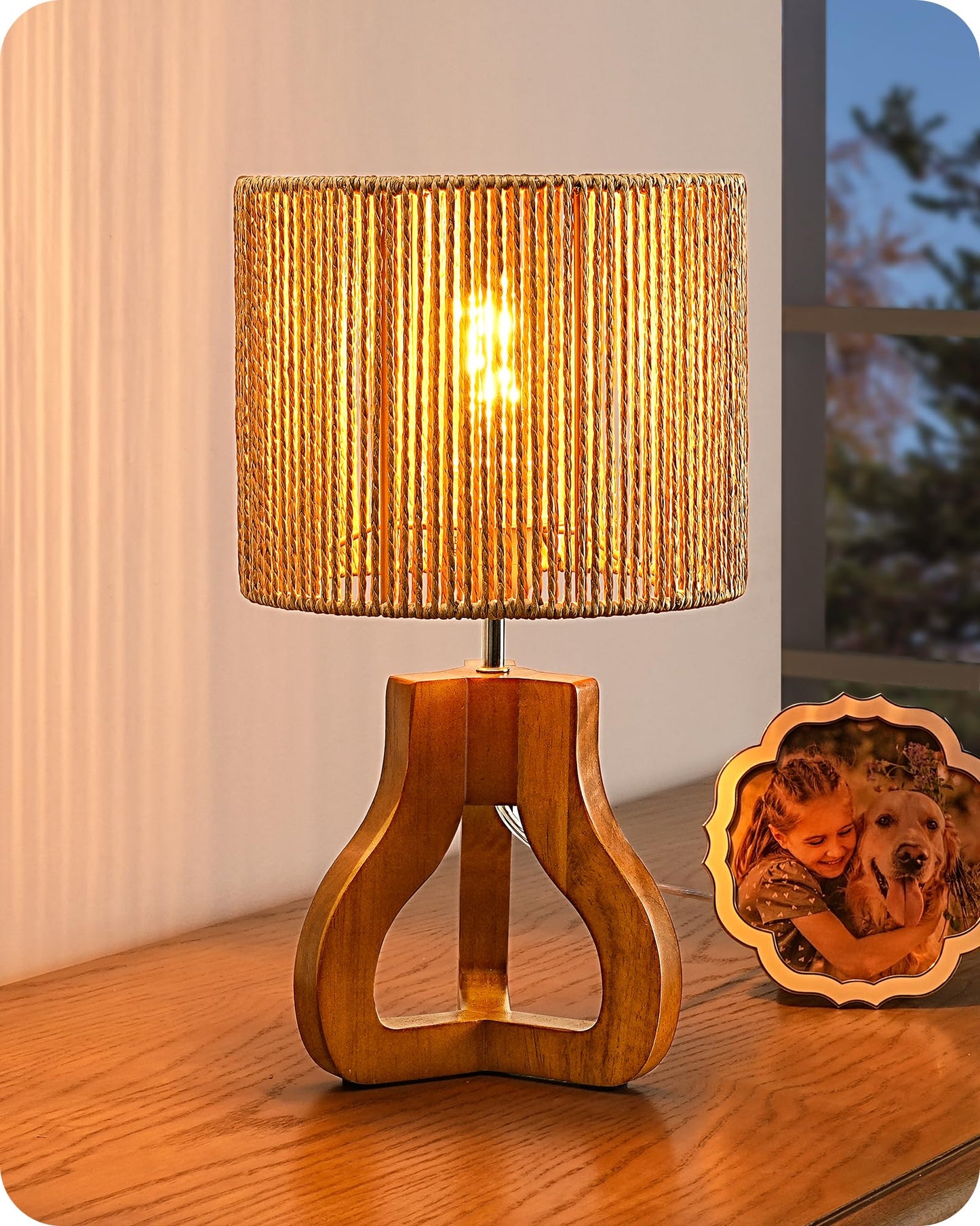EDISHINE Small Table Lamp, Rose Wood Tripod Nightstand Lamp, Handwoven Paper Rope Shade, 14.6" Rattan Bedside Lamp for Bedroom Living Room, Office, On-Off Line Switch, E26 Base(Bulb Not Included)