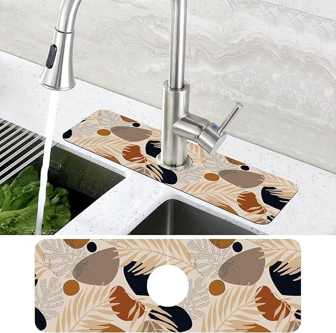 Boho Tropical Leaves Kitchen Sink Splash Guard Mat Absorbent Fast Drying Mat
