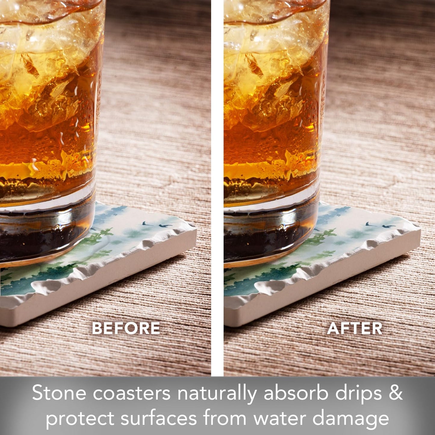 Thirstystone Tree Line 4 Pack Assorted Tumbled Tile Stone Coasters with Protective Cork Backing 4" Square Manufactured in The USA