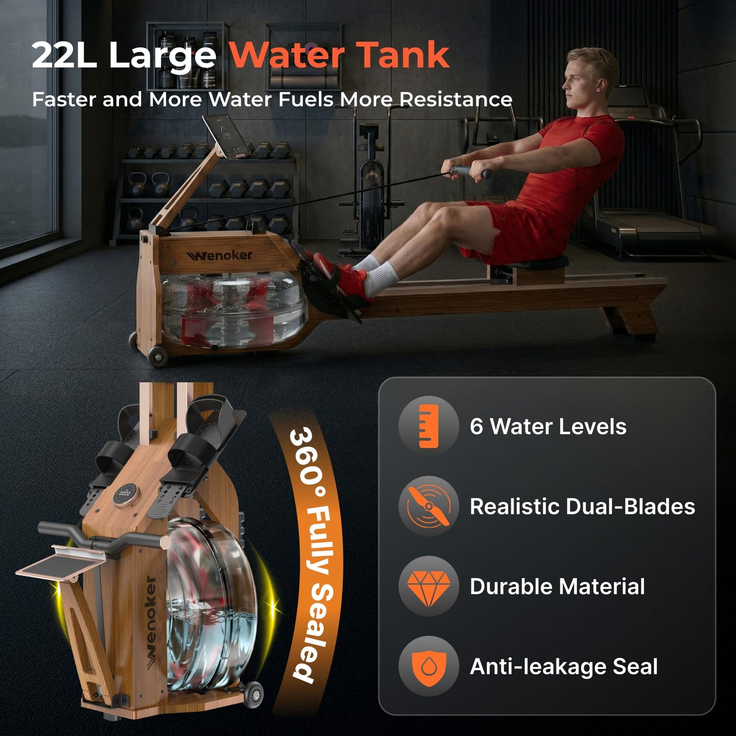 WENOKER Water Rowing Machines for Home Use, Water-Magnetic Dual Resistance Rower Machine with Smart Electronic Knob,Wooden Row Machine with Bluetooth App Compatible for Home Gym Exercise 400 LBS