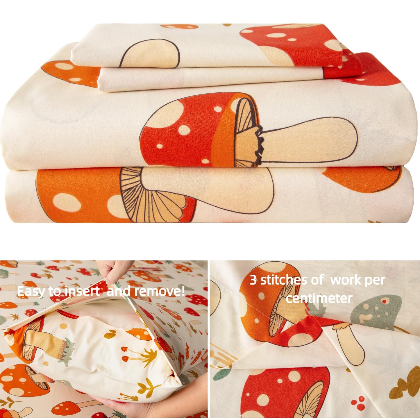 SDY 4 Pieces Mushroom Sheet Set Full Size,Cute Sheets with Mushrooms for Boys, Girls, Kids and Toddler,Bed in A Bag Packaged with 1 FittedSheet+ 1 Top FlatSheet + 2 Pillowcases