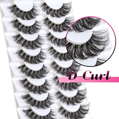 Veleasha Lashes Russian Strip Lashes Eyelashes with Clear Band Looks Like Eyelash Extensions D Curl Lash Strips 10 Pairs Pack (DT01)