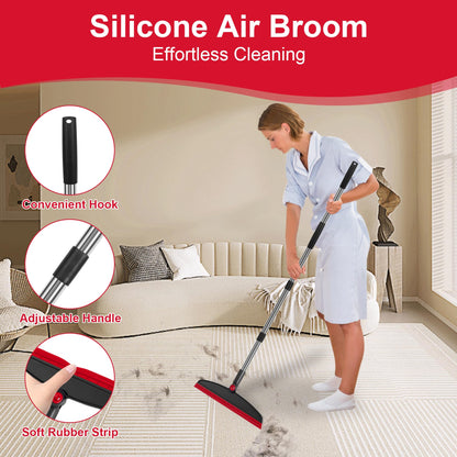 UDUK Broom with Dustpan Combo Set and Silicone Air Broom Kit, 51" Long Handle Floor Squeegee, Red Household Kit for Glass Window Rugs Pet Hair Home